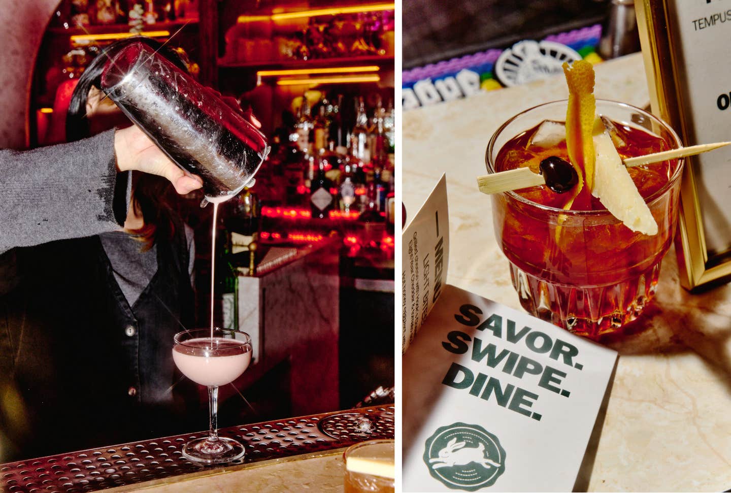 Supper club drinks included the Pink Squirrel and a brandy old-fashioned finished with Roth Cheese Canela. 