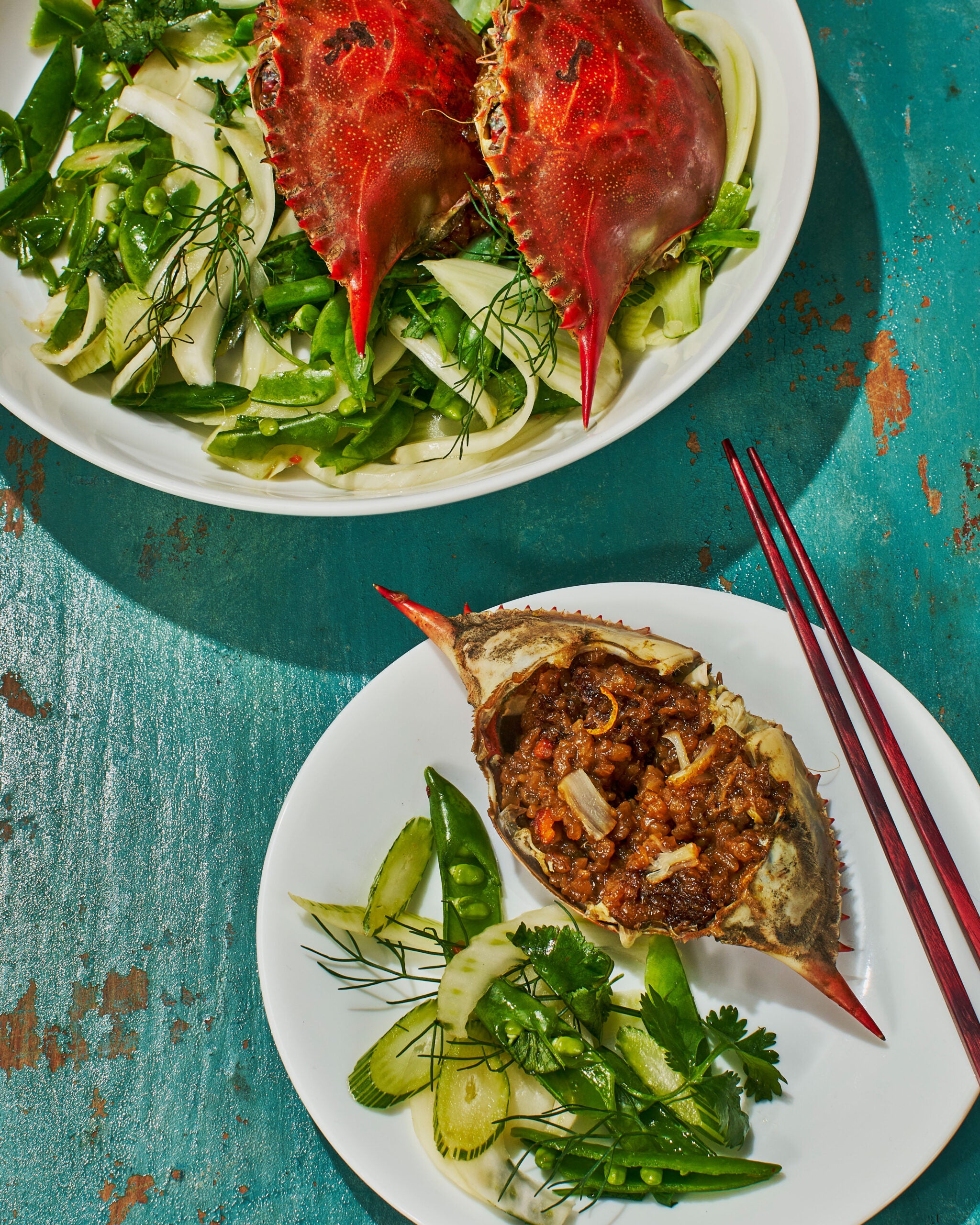 Stuffed Crab With Fennel-Pea Salad