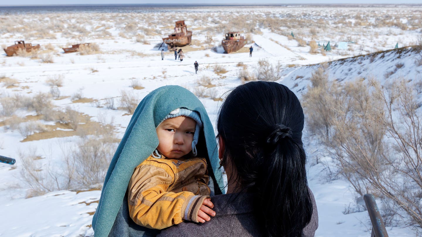 In Moynaq, looking over an expanse of barren land that was once underwater.