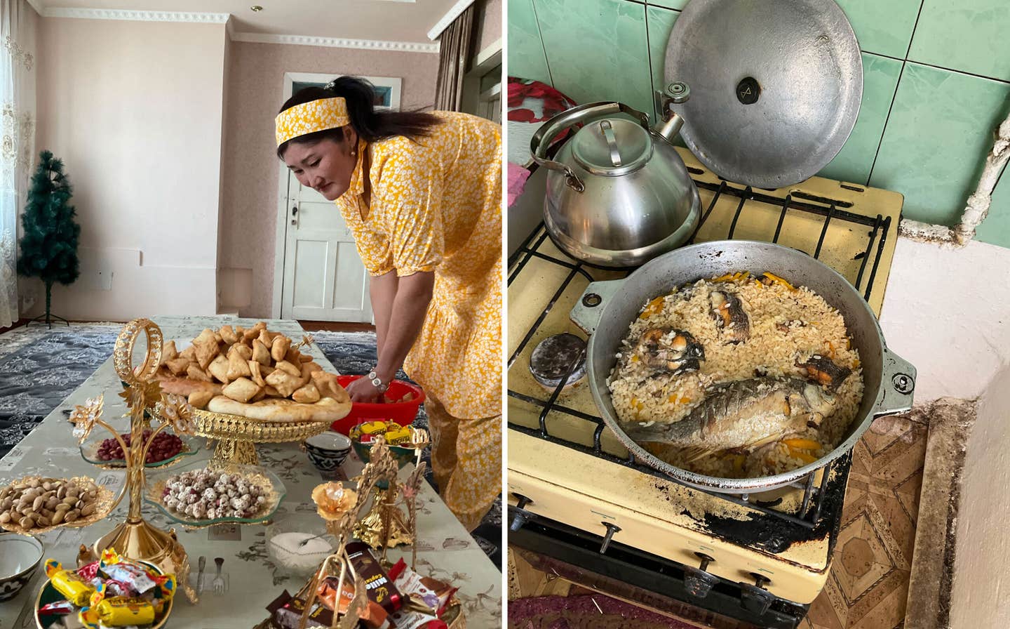 From left: Gawxar Abdikarimova sets the table at her home in Moynaq; Abdikarimova’s fish plov on the stove of her sun-filled kitchen.
