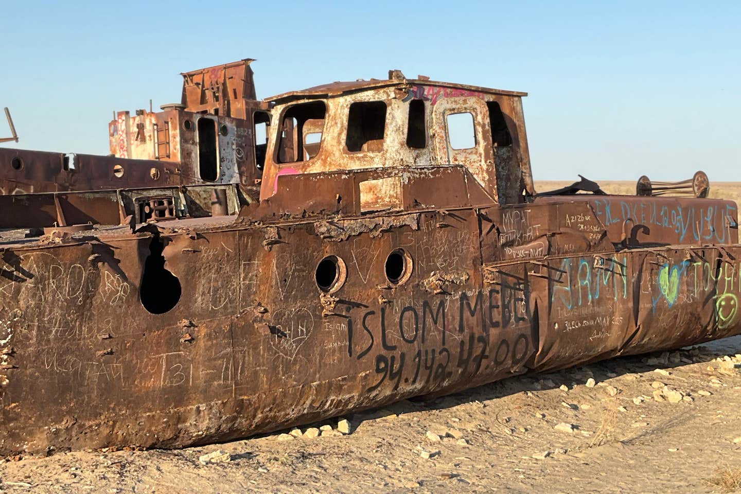 An abandoned fishing boat at the Moynaq Ship’s Graveyard, along the one-time coast of the rapidly disappearing Aral Sea.